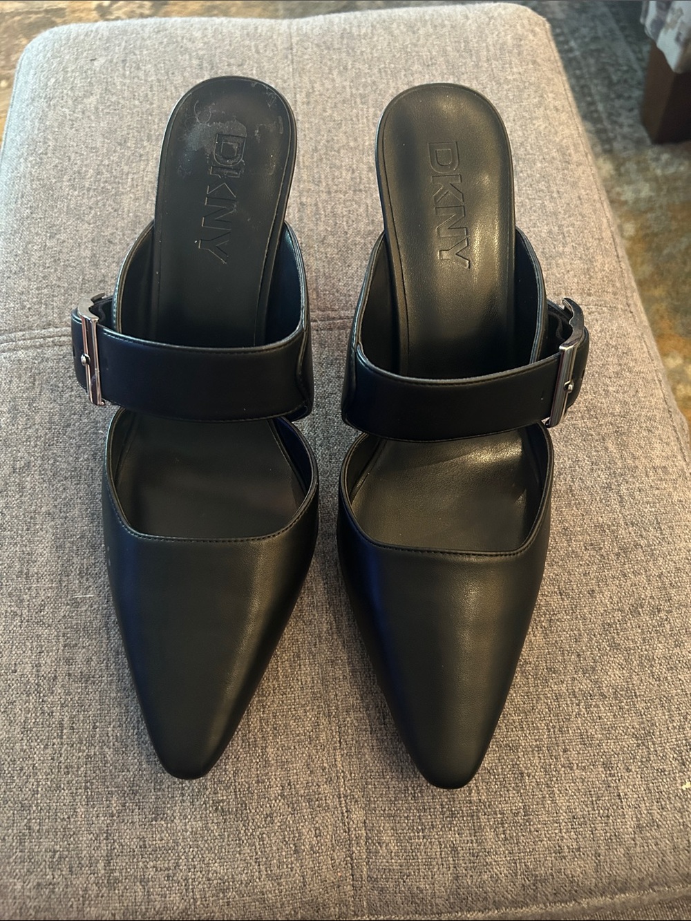 DKNY Black Pointed-Toe Slip-On Mules with Buckle Strap